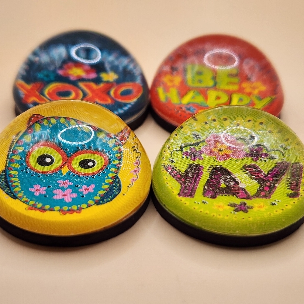 4 Cute Glass Dome Magnets Lot 1" Owl Love XOXO Be Happy Refrigerator Fridge - Picture 2 of 4